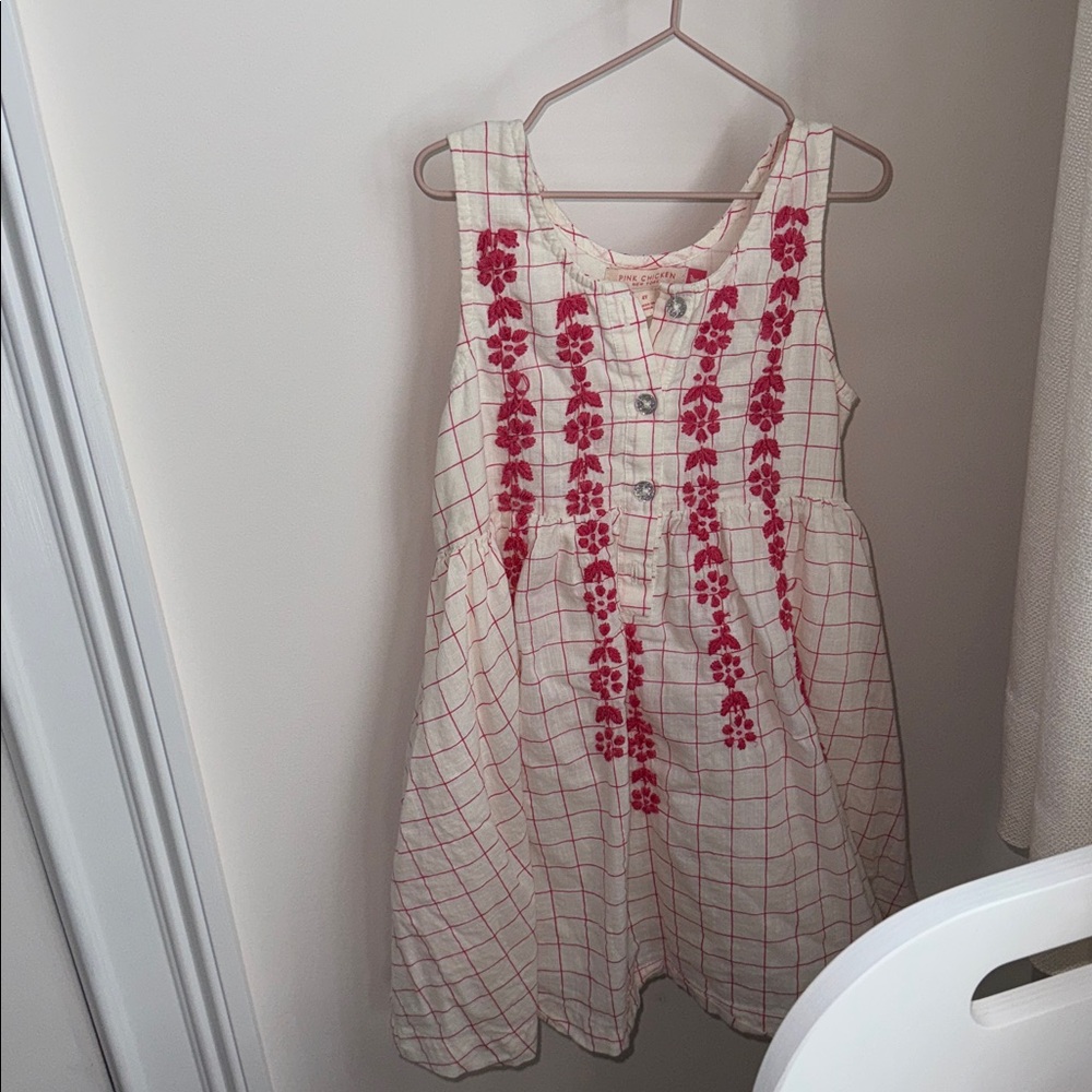 Pink chicken 4y 4y girl Embroidered Kids Dress - pink and White grid